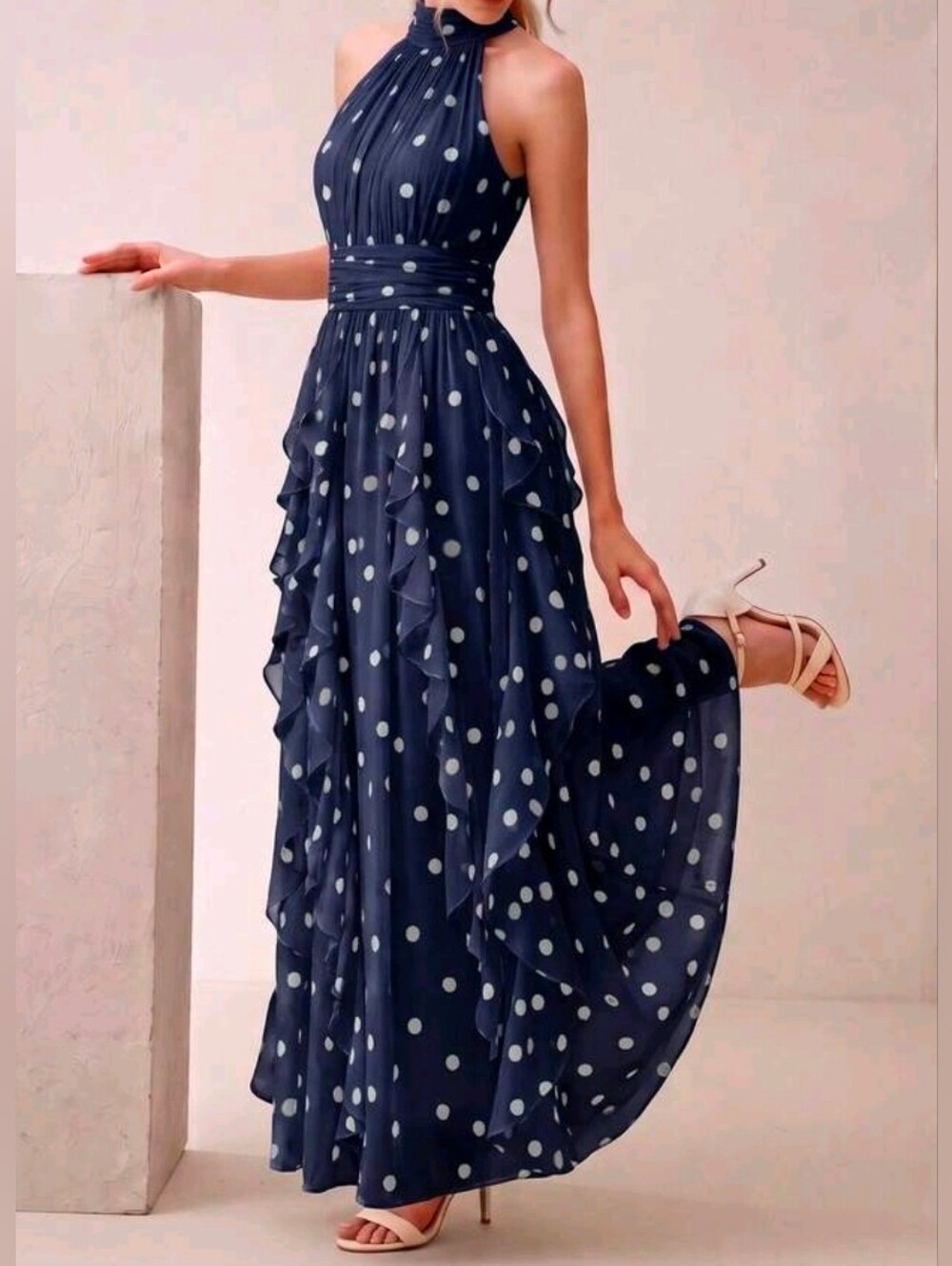 New Flowy Chiffon Polka Dot Ruffle Halter Maxi Dress Navy Blue White - Picture 5 of 13